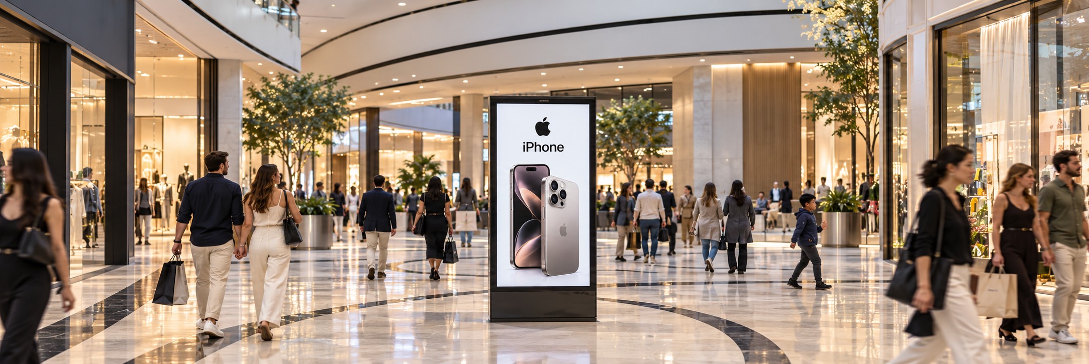 Shopping mall with an iPhone digital advertising display and shoppers walking past