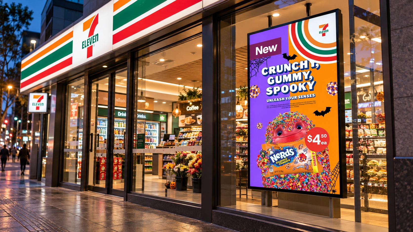 7-Eleven storefront at blue hour with illuminated Halloween campaign displays