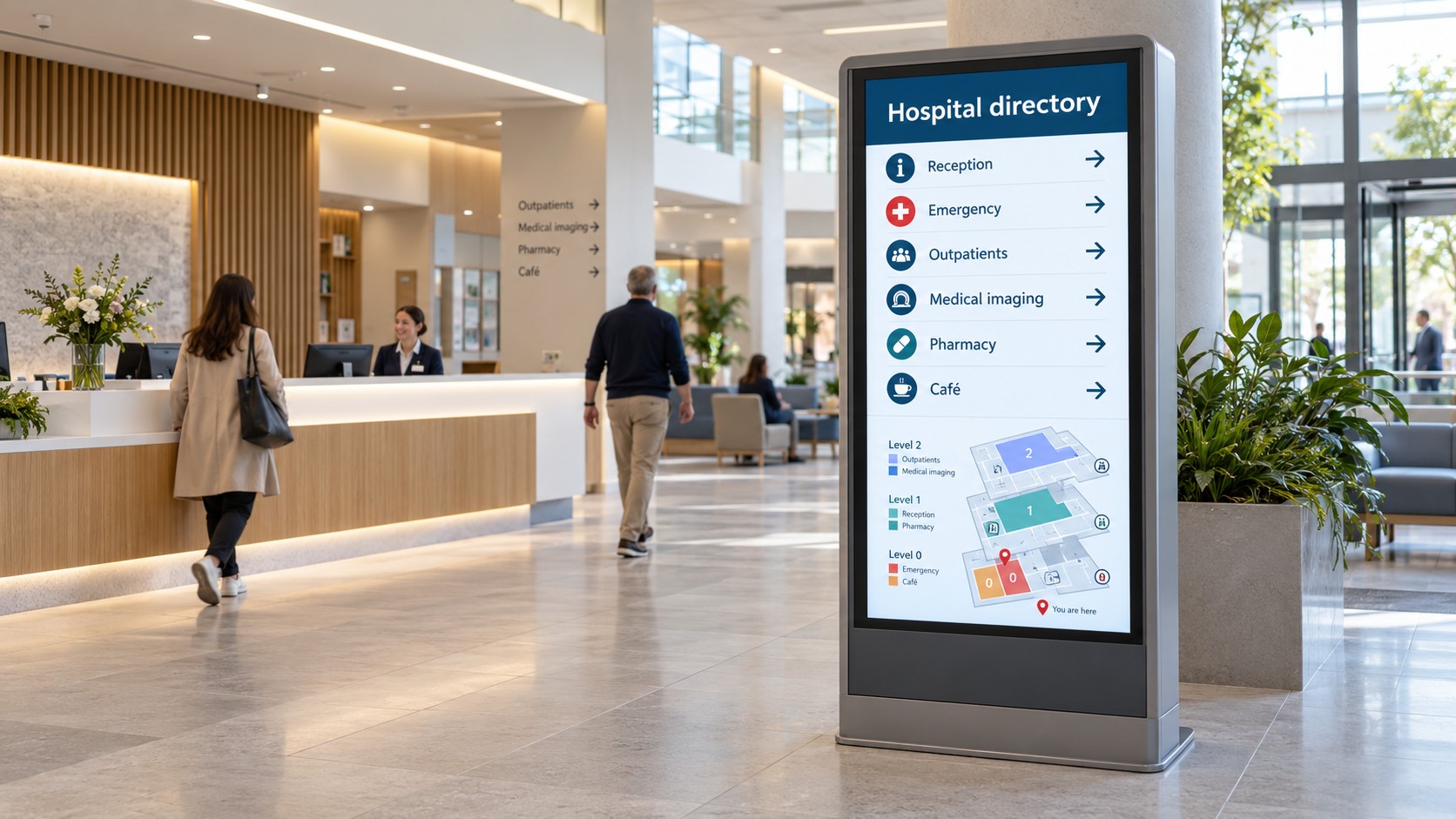 Digital hospital directory in a bright contemporary hospital foyer