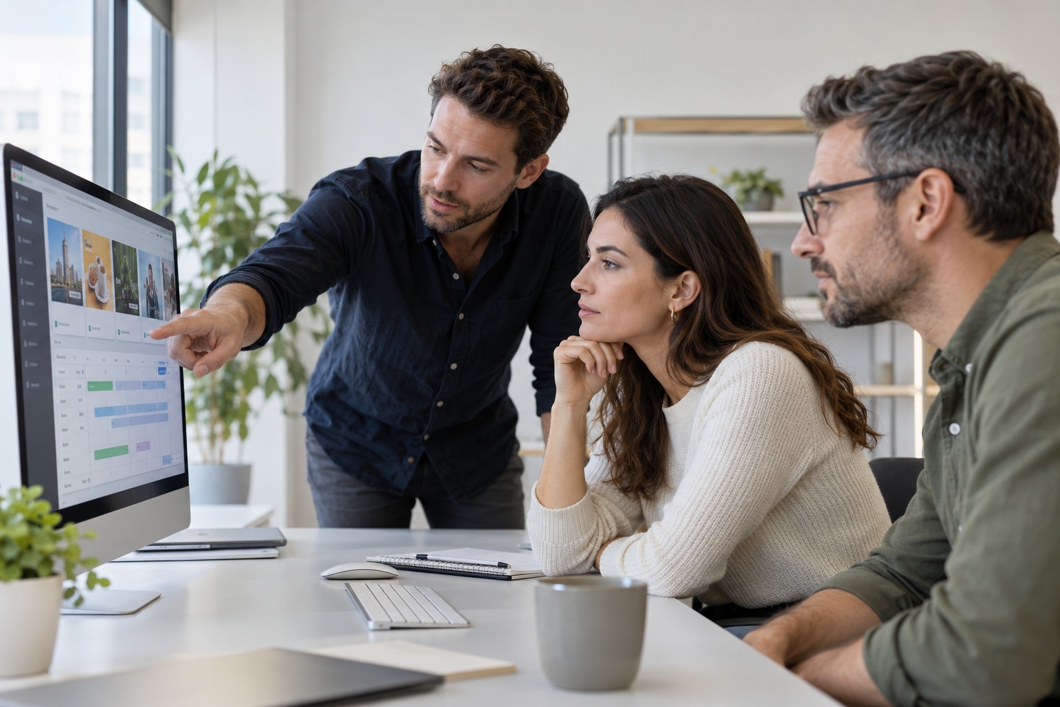 Illustrative scene of three colleagues discussing digital content and scheduling on a computer screen